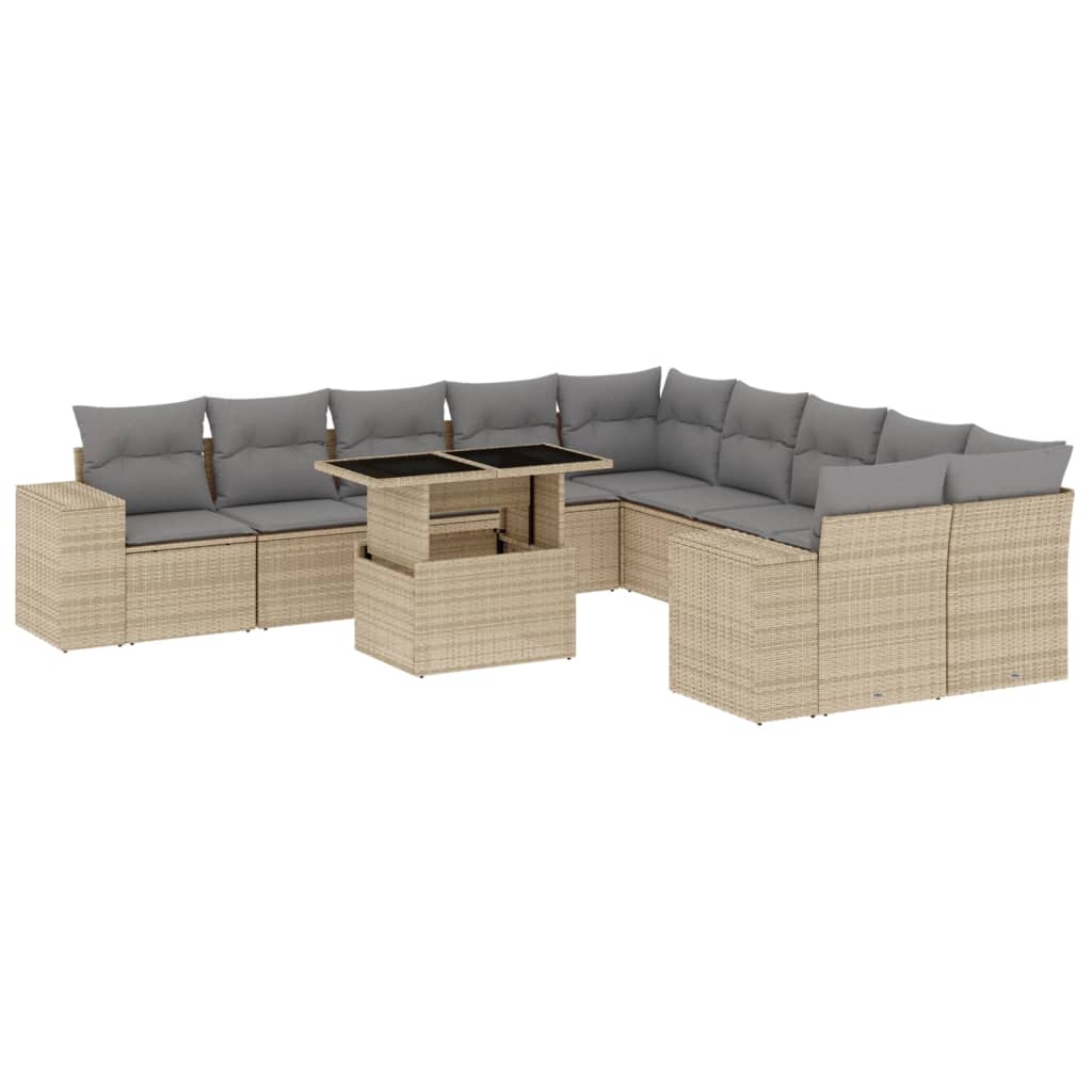 11-tlg. Garten-Sofagarnitur mit Kissen Beige Poly Rattan