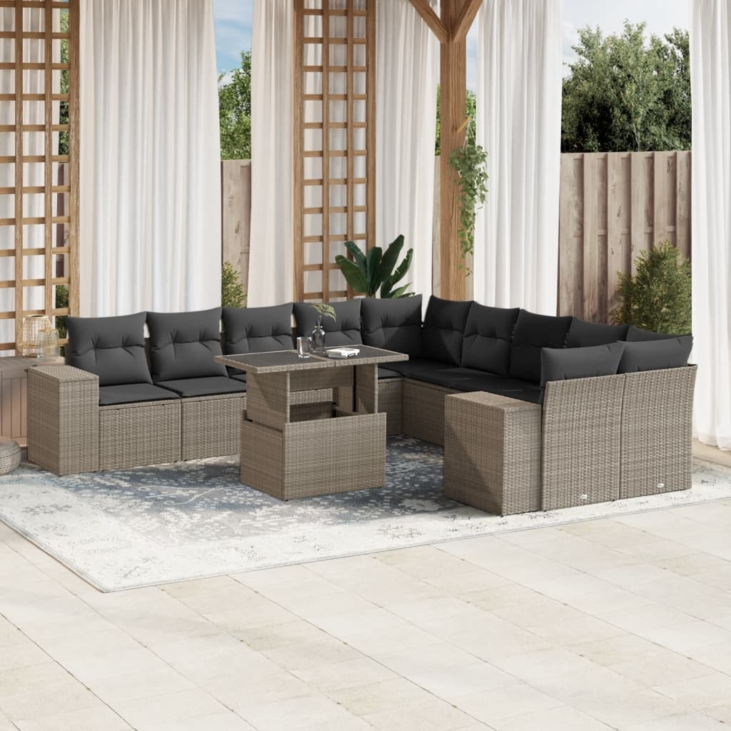 11-tlg. Garten-Sofagarnitur mit Kissen Hellgrau Poly Rattan