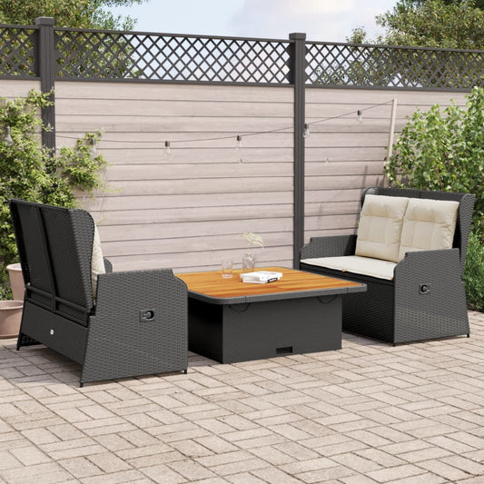 3-tlg. Garten-Lounge-Set mit Kissen Schwarz Poly Rattan