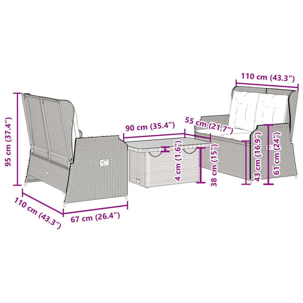 3-tlg. Garten-Lounge-Set mit Kissen Grau Poly Rattan