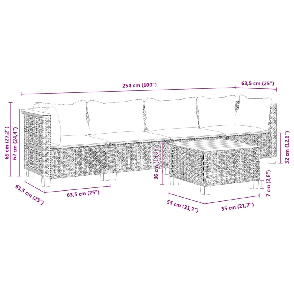 5-tlg. Garten-Sofagarnitur mit Kissen Grau Poly Rattan