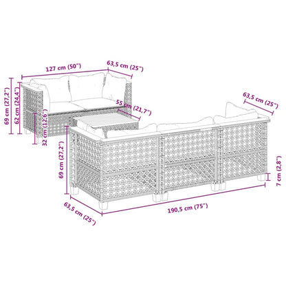 6-tlg. Garten-Sofagarnitur mit Kissen Grau Poly Rattan