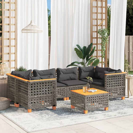 7-tlg. Garten-Sofagarnitur mit Kissen Grau Poly Rattan