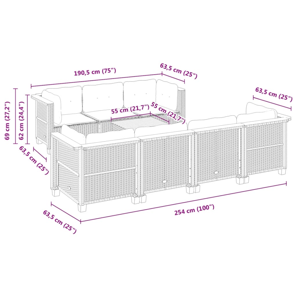 8-tlg. Garten-Sofagarnitur mit Kissen Schwarz Poly Rattan