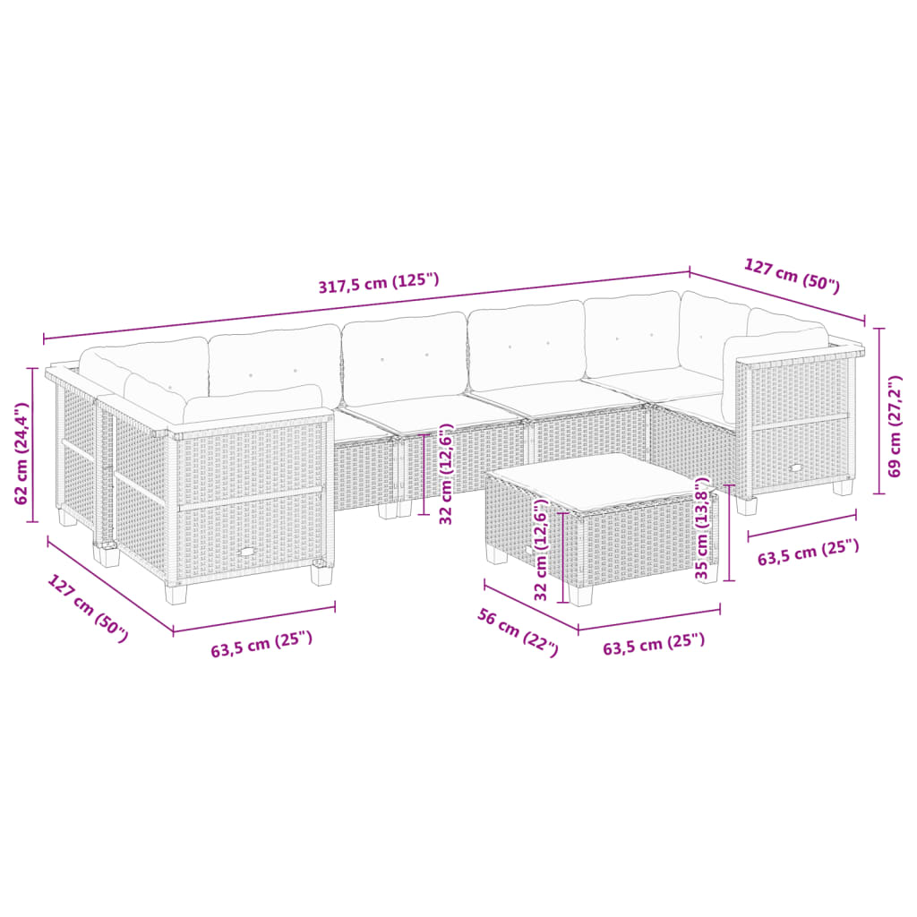 8-tlg. Garten-Sofagarnitur mit Kissen Schwarz Poly Rattan