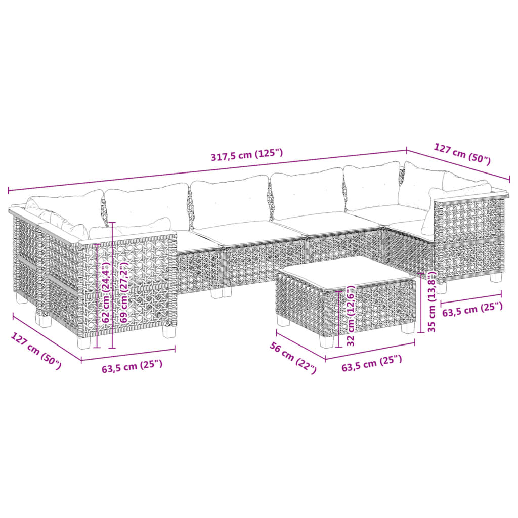 8-tlg. Garten-Sofagarnitur mit Kissen Grau Poly Rattan