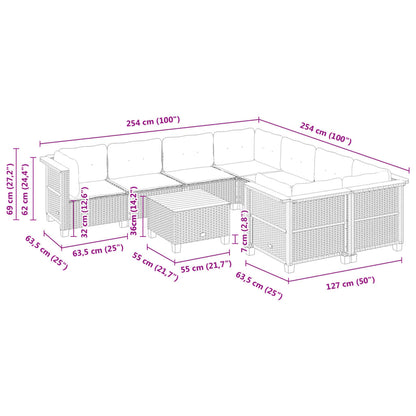 9-tlg. Garten-Sofagarnitur mit Kissen Schwarz Poly Rattan