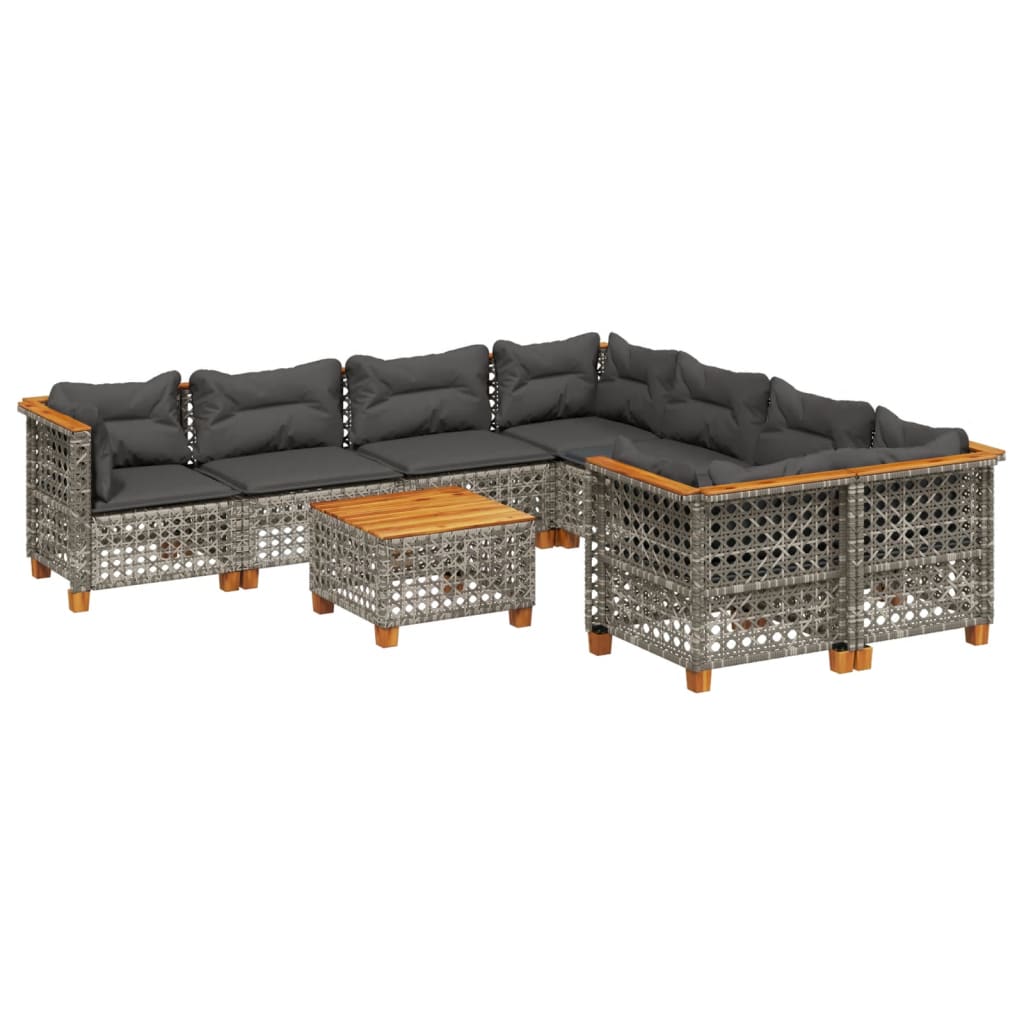 9-tlg. Garten-Sofagarnitur mit Kissen Grau Poly Rattan