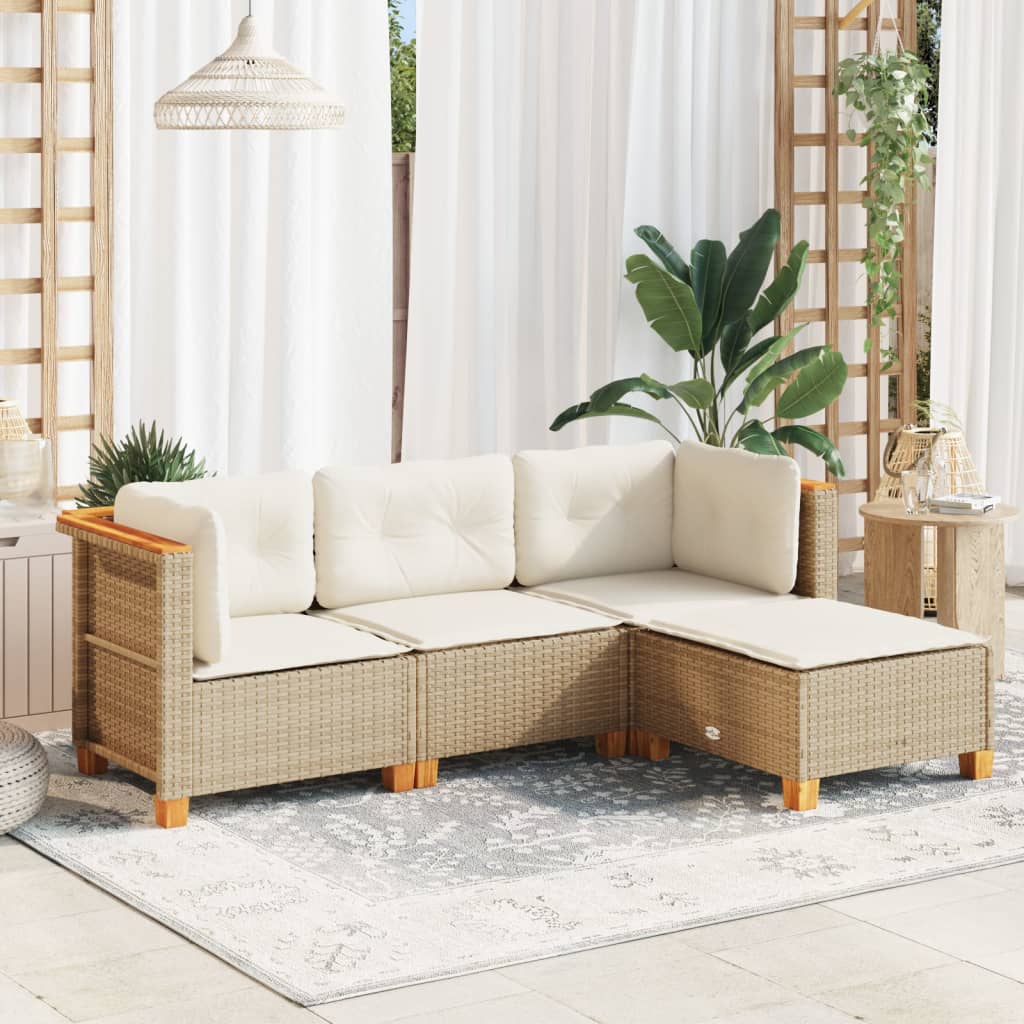 4-tlg. Garten-Sofagarnitur mit Kissen Beige Poly Rattan