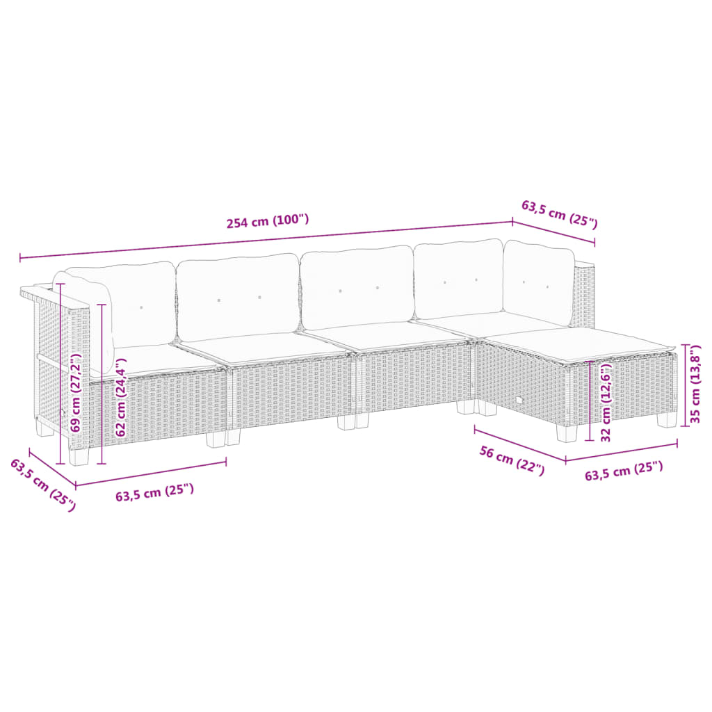 5-tlg. Garten-Sofagarnitur mit Kissen Schwarz Poly Rattan