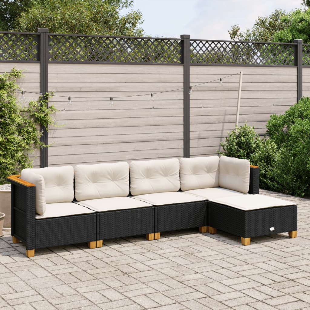 5-tlg. Garten-Sofagarnitur mit Kissen Schwarz Poly Rattan