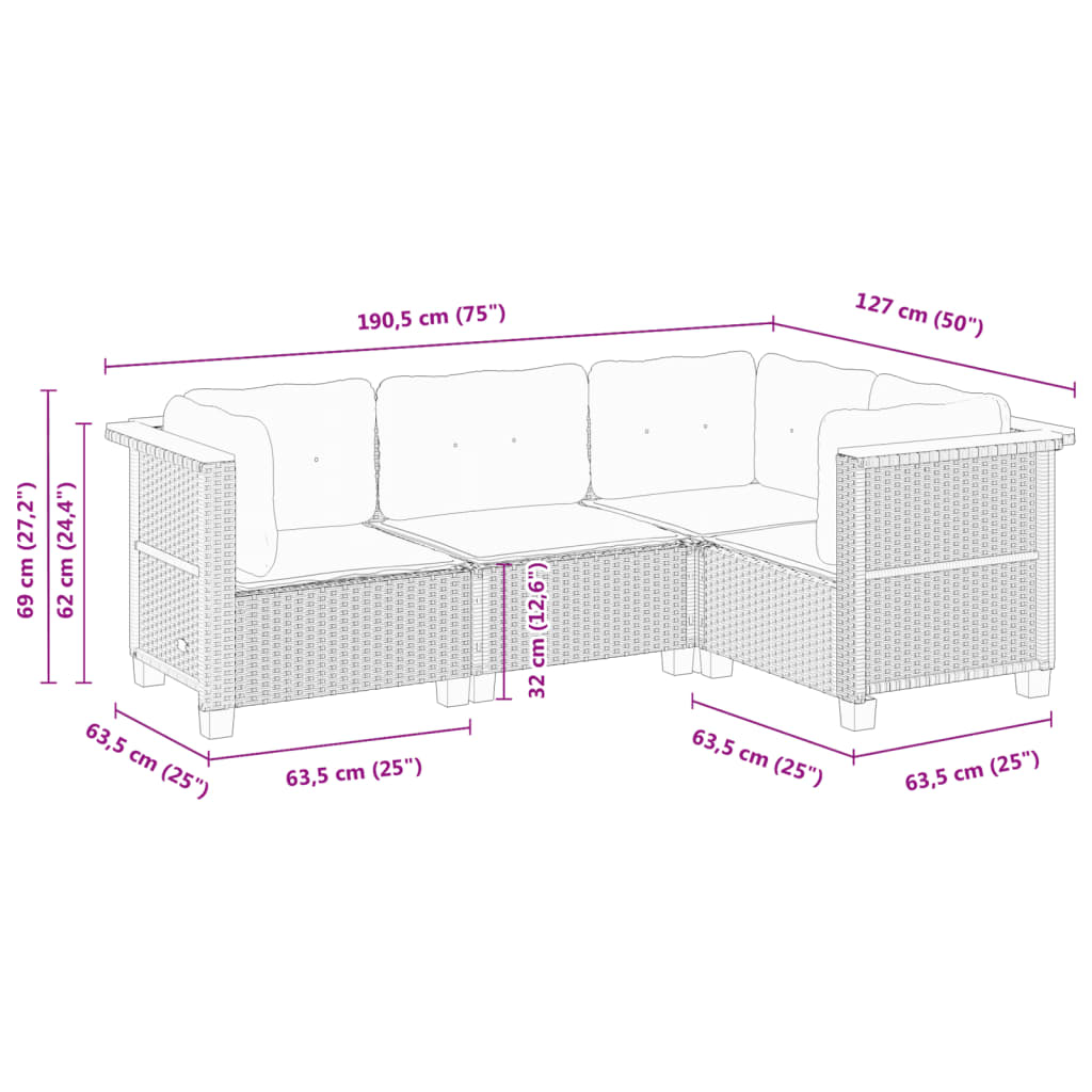 4-tlg. Garten-Sofagarnitur mit Kissen Schwarz Poly Rattan