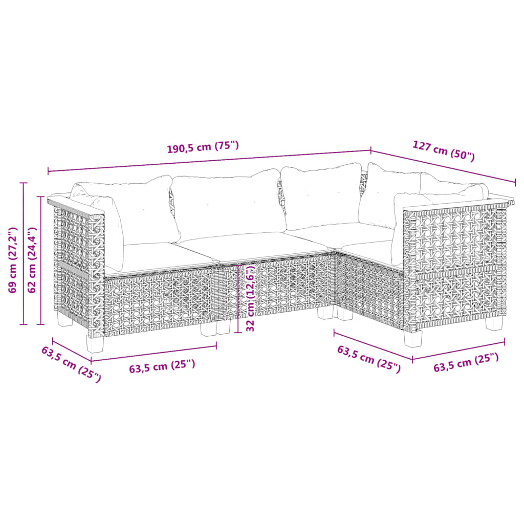 4-tlg. Garten-Sofagarnitur mit Kissen Grau Poly Rattan