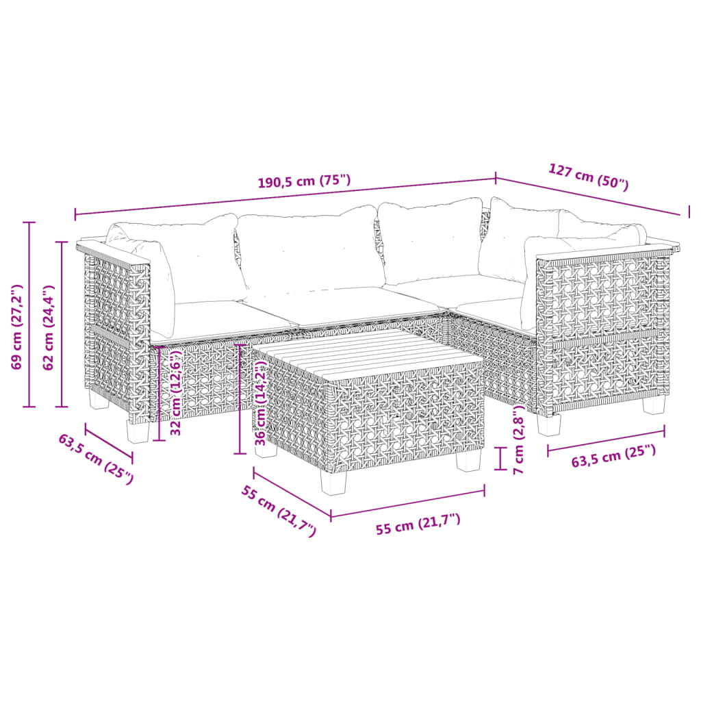 5-tlg. Garten-Sofagarnitur mit Kissen Grau Poly Rattan