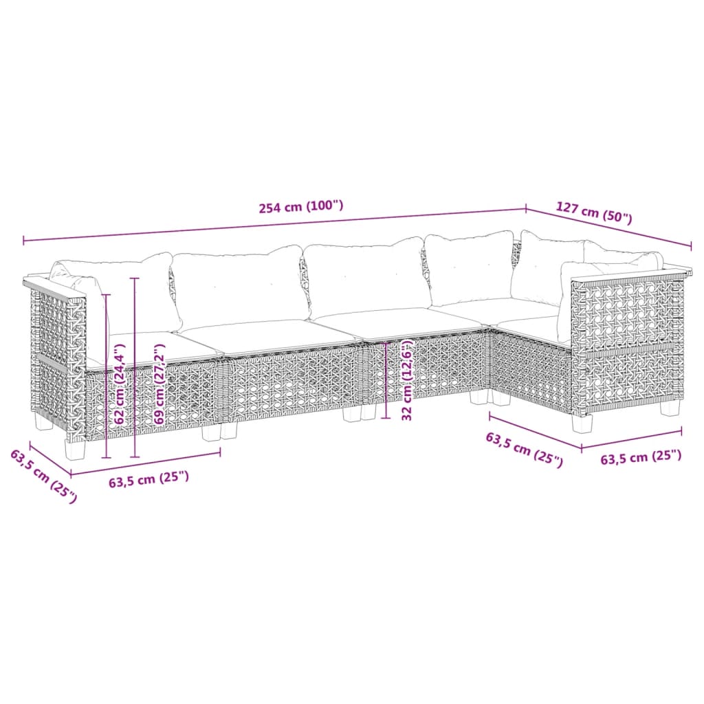 5-tlg. Garten-Sofagarnitur mit Kissen Grau Poly Rattan