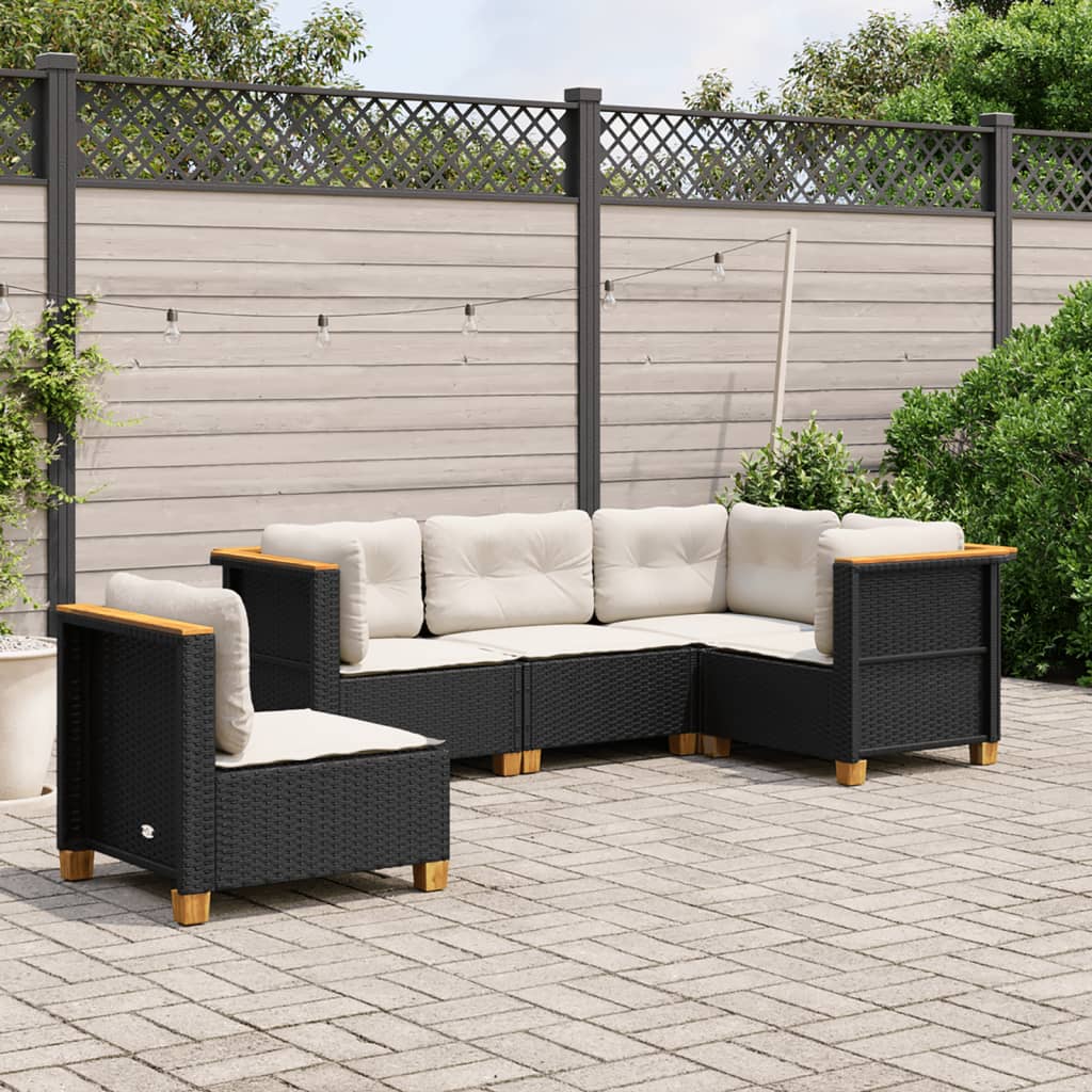 5-tlg. Garten-Sofagarnitur mit Kissen Schwarz Poly Rattan