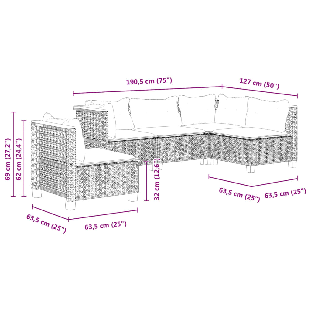 5-tlg. Garten-Sofagarnitur mit Kissen Grau Poly Rattan