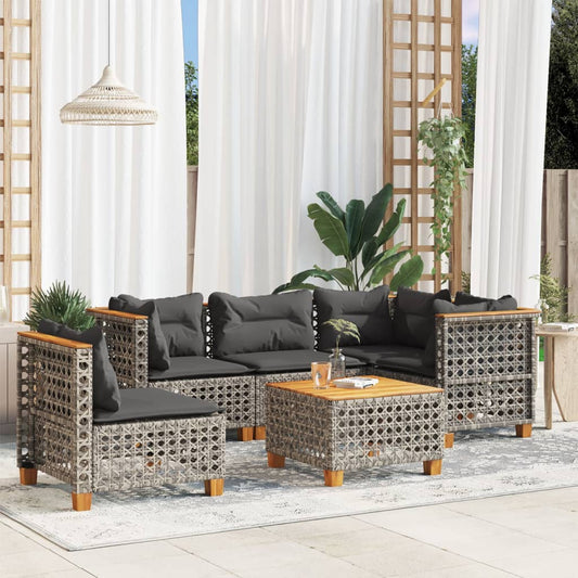 6-tlg. Garten-Sofagarnitur mit Kissen Grau Poly Rattan