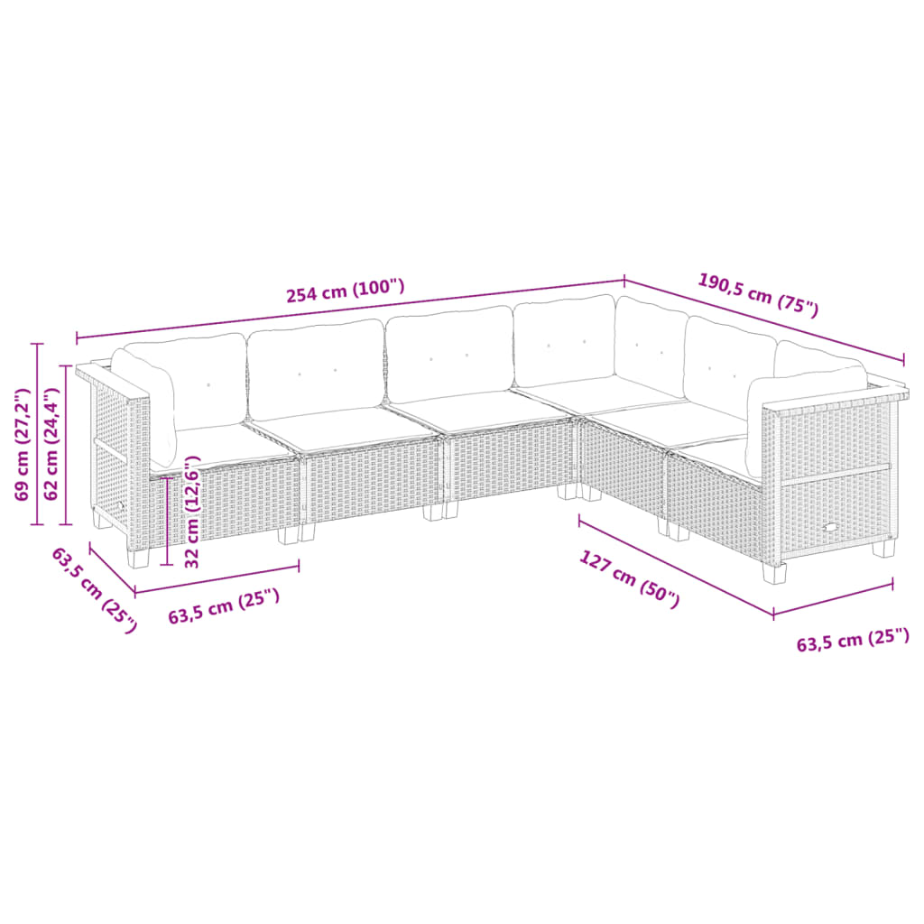 6-tlg. Garten-Sofagarnitur mit Kissen Schwarz Poly Rattan