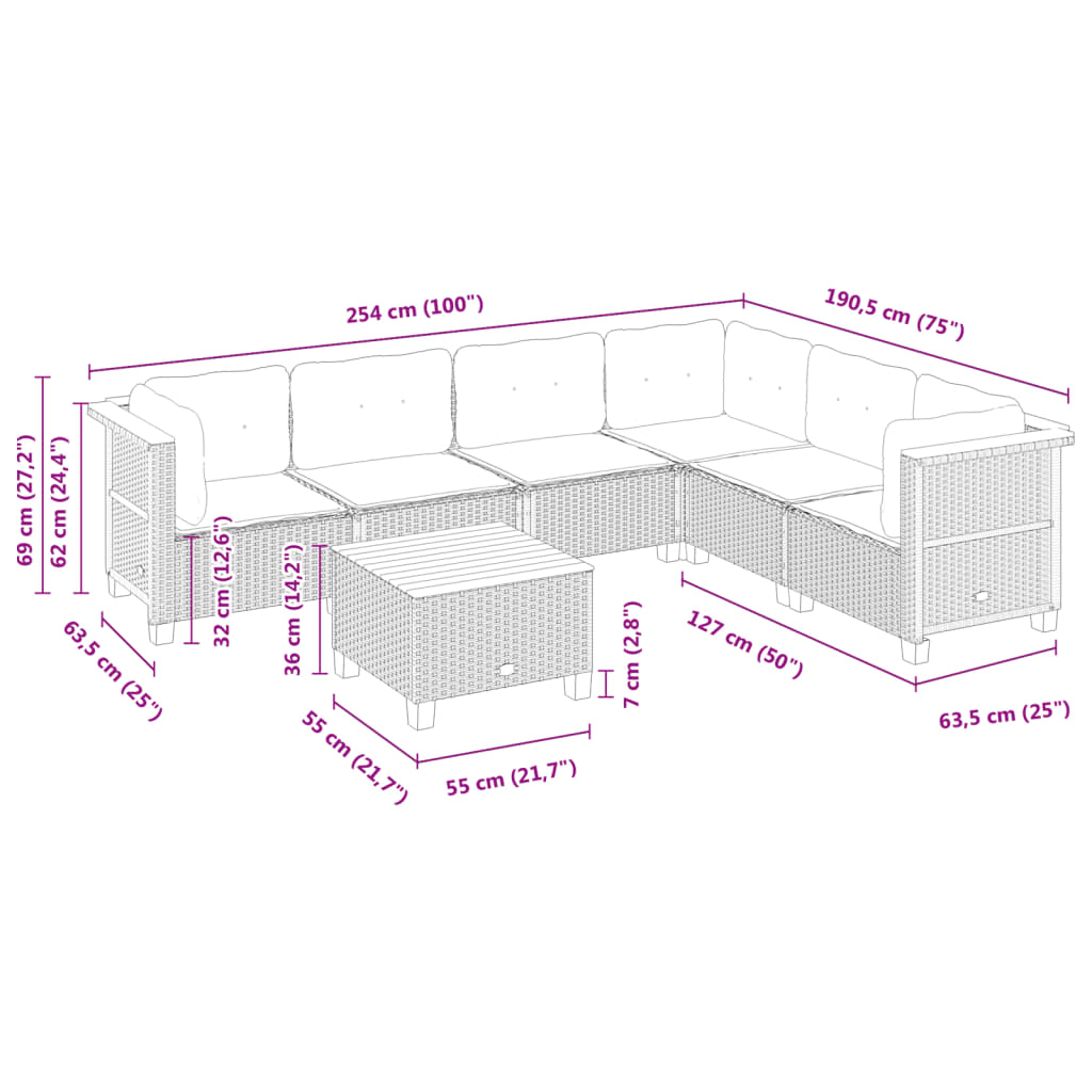 7-tlg. Garten-Sofagarnitur mit Kissen Schwarz Poly Rattan