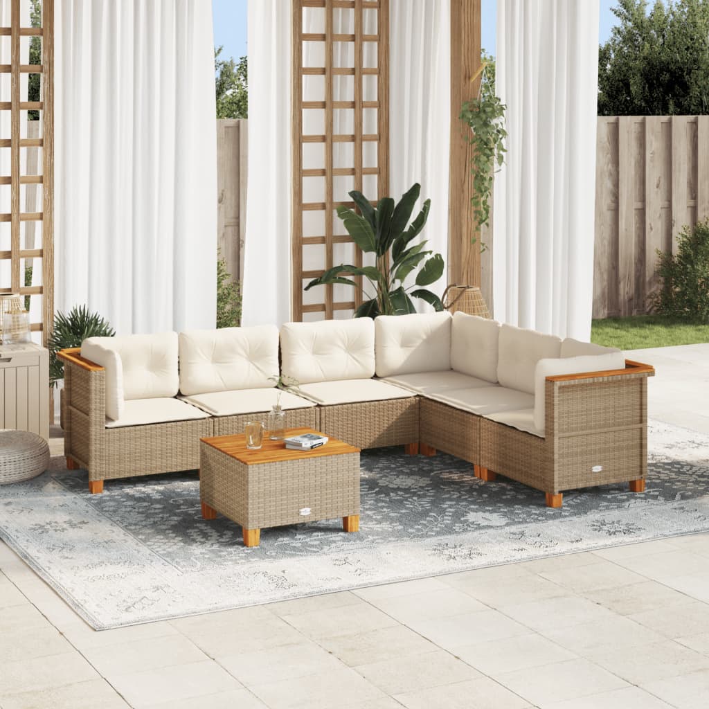 7-tlg. Garten-Sofagarnitur mit Kissen Beige Poly Rattan