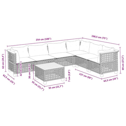 7-tlg. Garten-Sofagarnitur mit Kissen Grau Poly Rattan