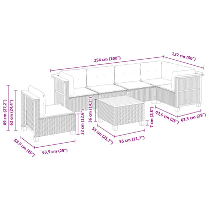 7-tlg. Garten-Sofagarnitur mit Kissen Schwarz Poly Rattan