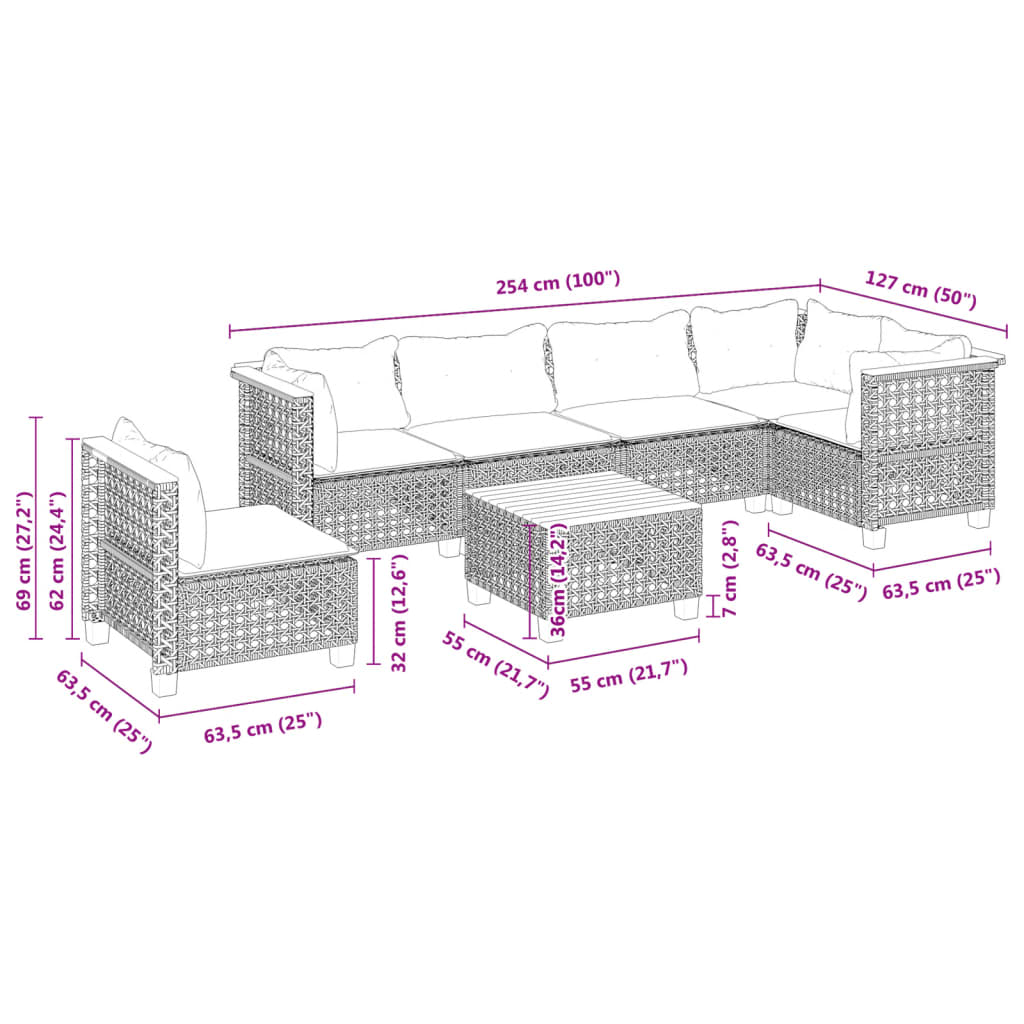 7-tlg. Garten-Sofagarnitur mit Kissen Grau Poly Rattan