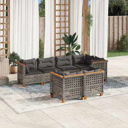 7-tlg. Garten-Sofagarnitur mit Kissen Grau Poly Rattan