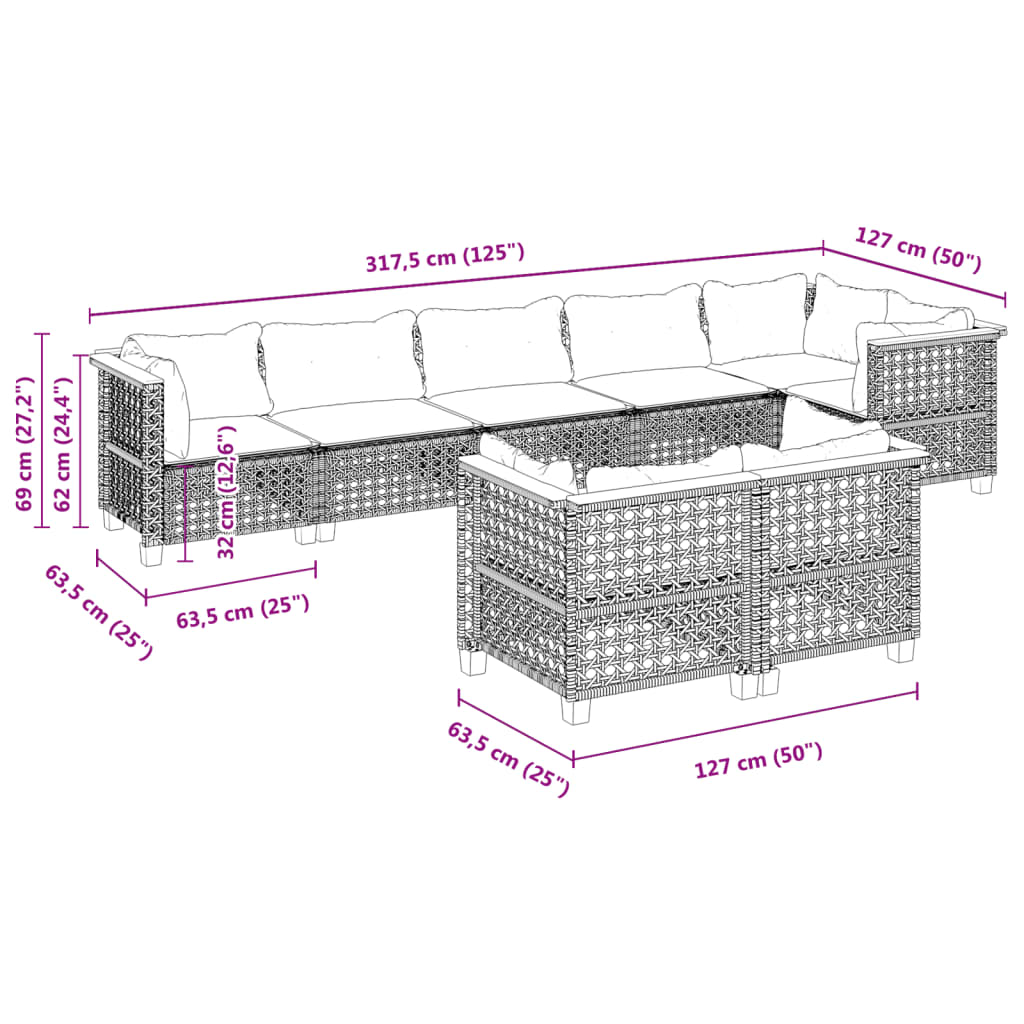 8-tlg. Garten-Sofagarnitur mit Kissen Grau Poly Rattan