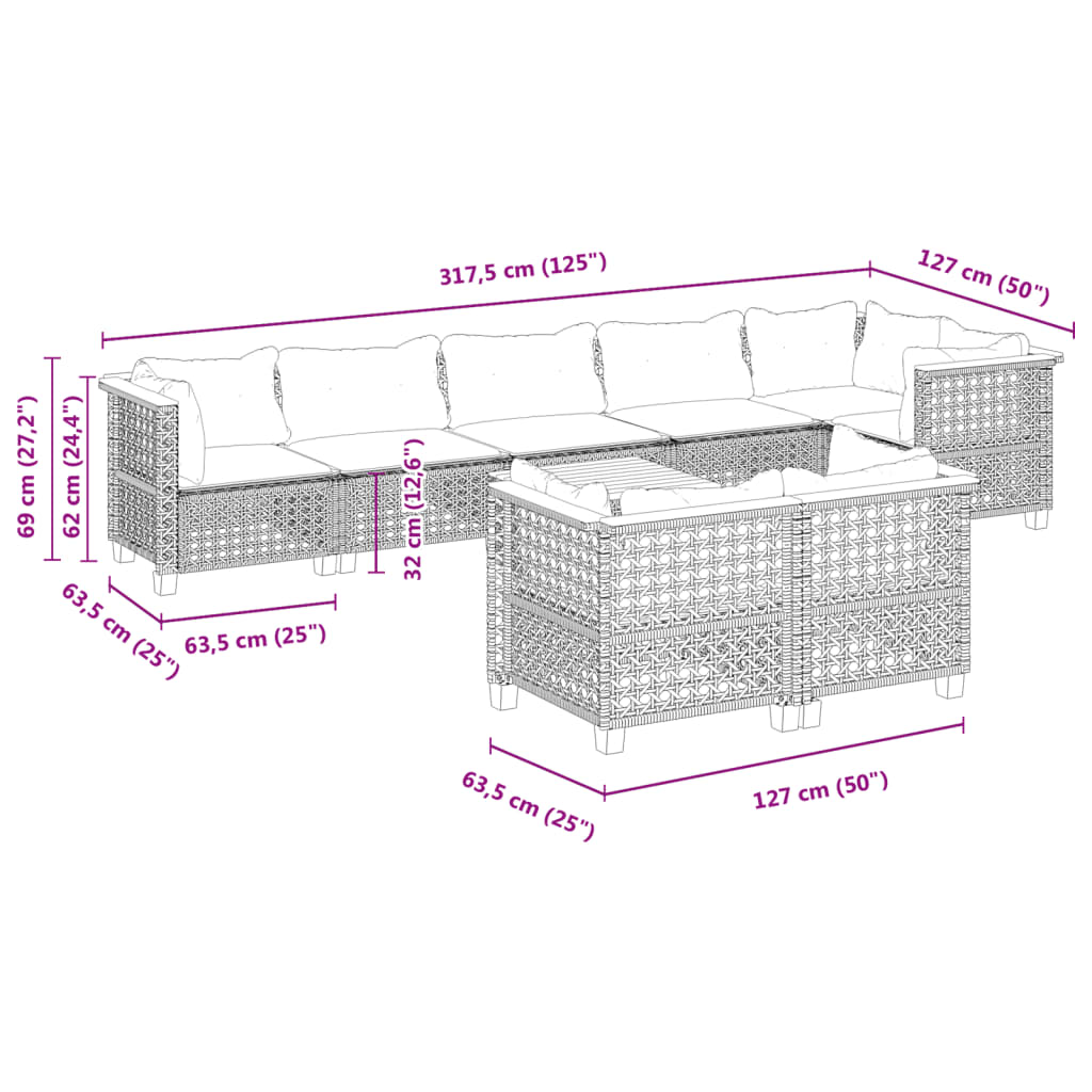 9-tlg. Garten-Sofagarnitur mit Kissen Grau Poly Rattan