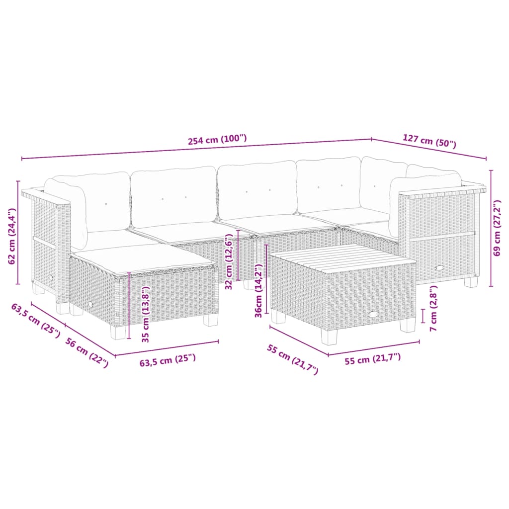 7-tlg. Garten-Sofagarnitur mit Kissen Schwarz Poly Rattan