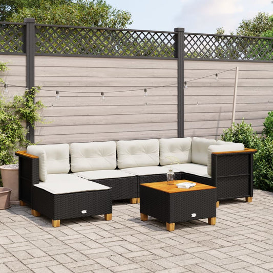 7-tlg. Garten-Sofagarnitur mit Kissen Schwarz Poly Rattan