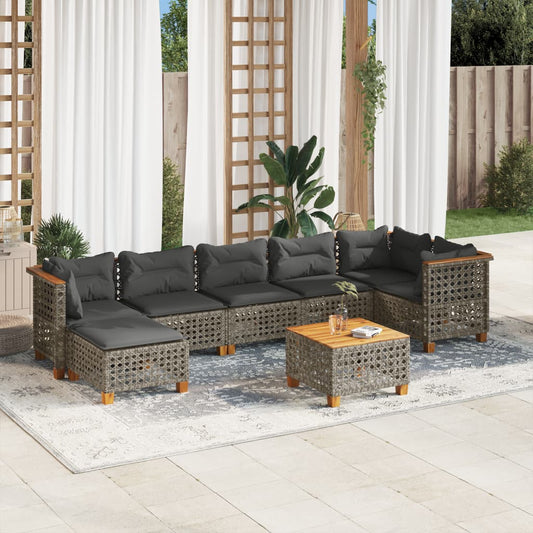 8-tlg. Garten-Sofagarnitur mit Kissen Grau Poly Rattan