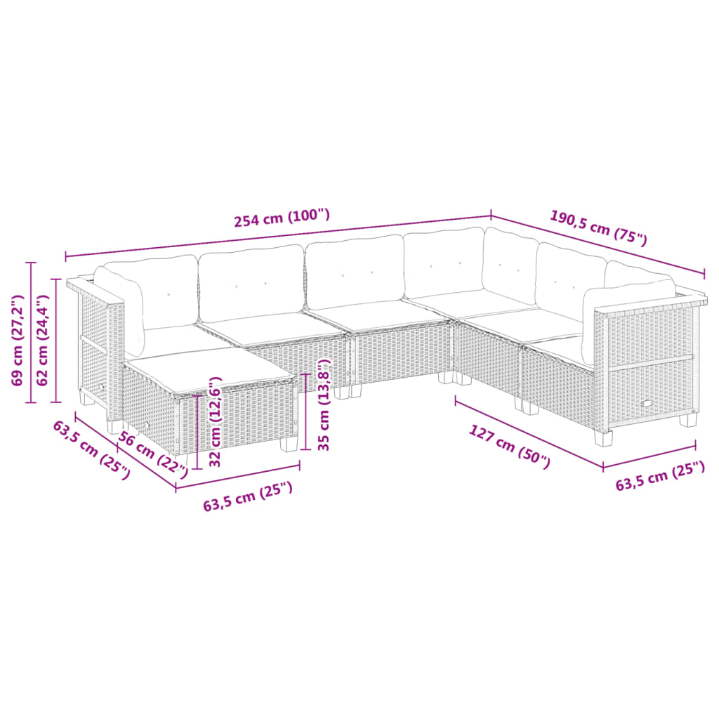 7-tlg. Garten-Sofagarnitur mit Kissen Schwarz Poly Rattan