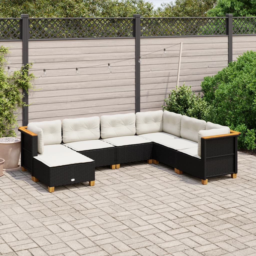 7-tlg. Garten-Sofagarnitur mit Kissen Schwarz Poly Rattan