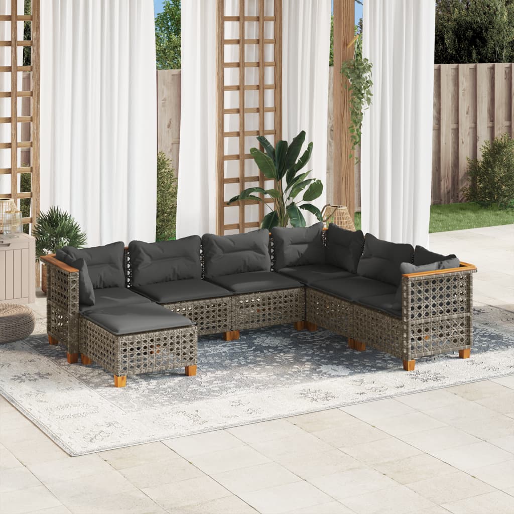 7-tlg. Garten-Sofagarnitur mit Kissen Grau Poly Rattan