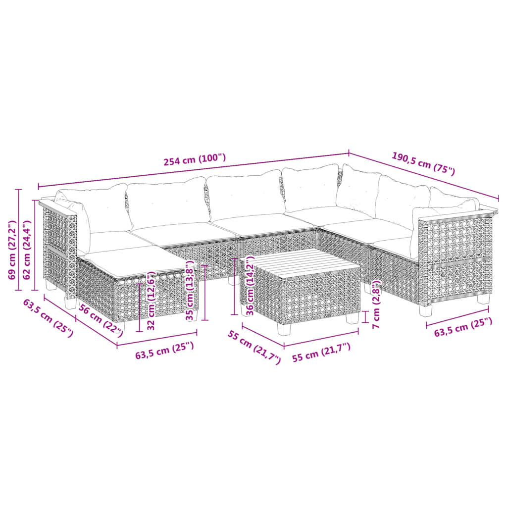 8-tlg. Garten-Sofagarnitur mit Kissen Grau Poly Rattan