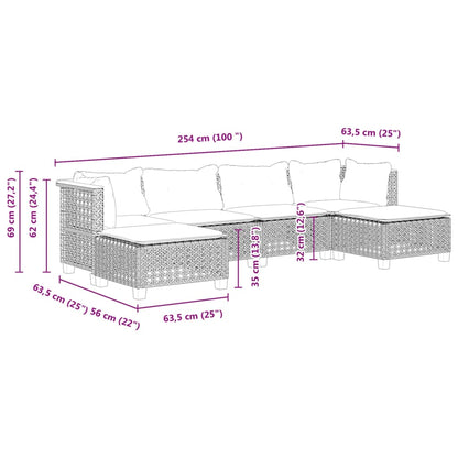 6-tlg. Garten-Sofagarnitur mit Kissen Grau Poly Rattan