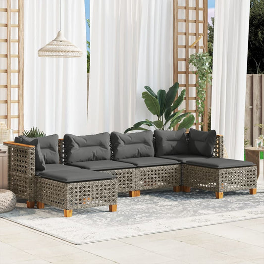 6-tlg. Garten-Sofagarnitur mit Kissen Grau Poly Rattan