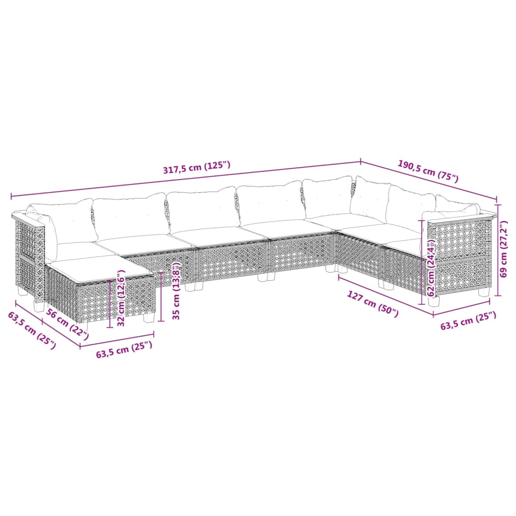 8-tlg. Garten-Sofagarnitur mit Kissen Grau Poly Rattan