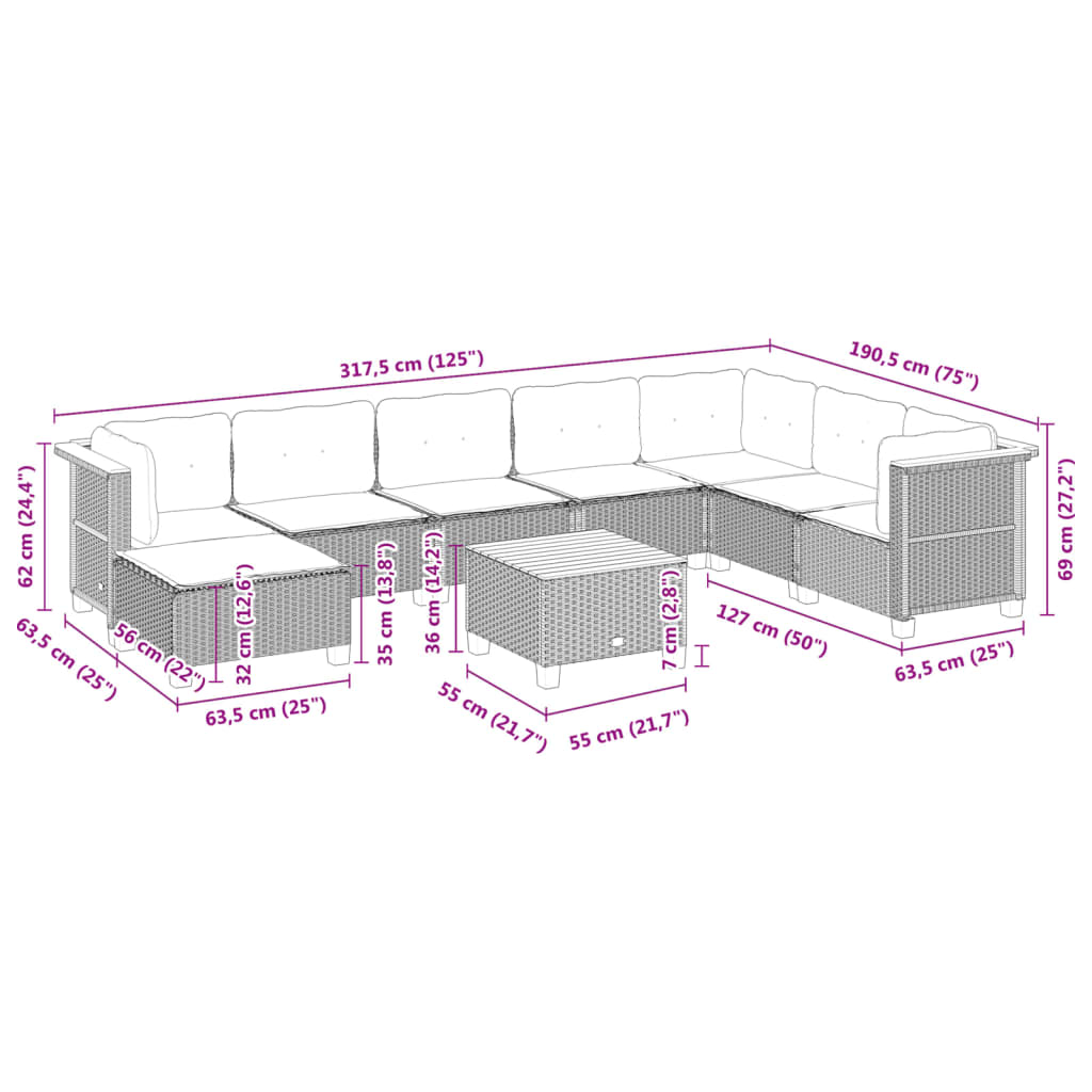 9-tlg. Garten-Sofagarnitur mit Kissen Schwarz Poly Rattan