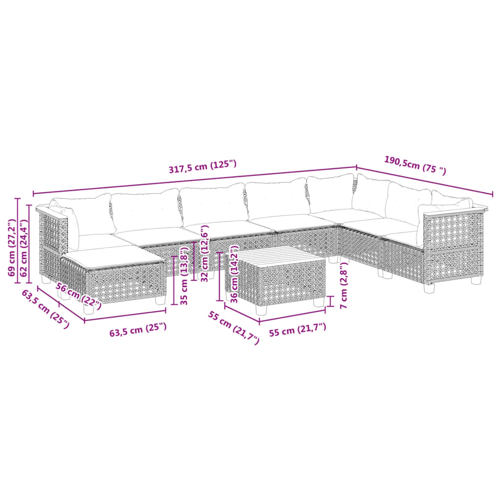 9-tlg. Garten-Sofagarnitur mit Kissen Grau Poly Rattan