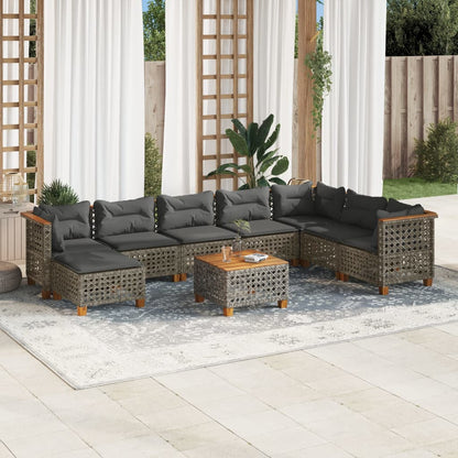 9-tlg. Garten-Sofagarnitur mit Kissen Grau Poly Rattan