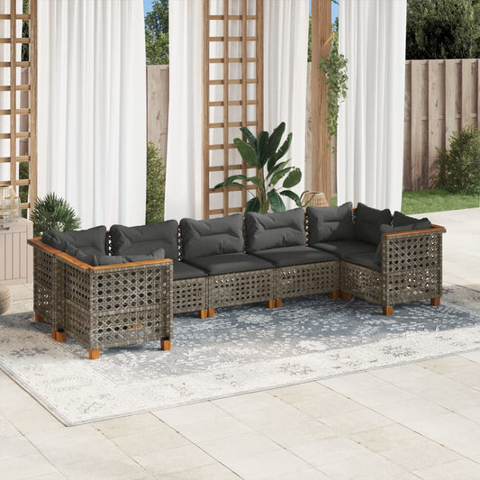 7-tlg. Garten-Sofagarnitur mit Kissen Grau Poly Rattan