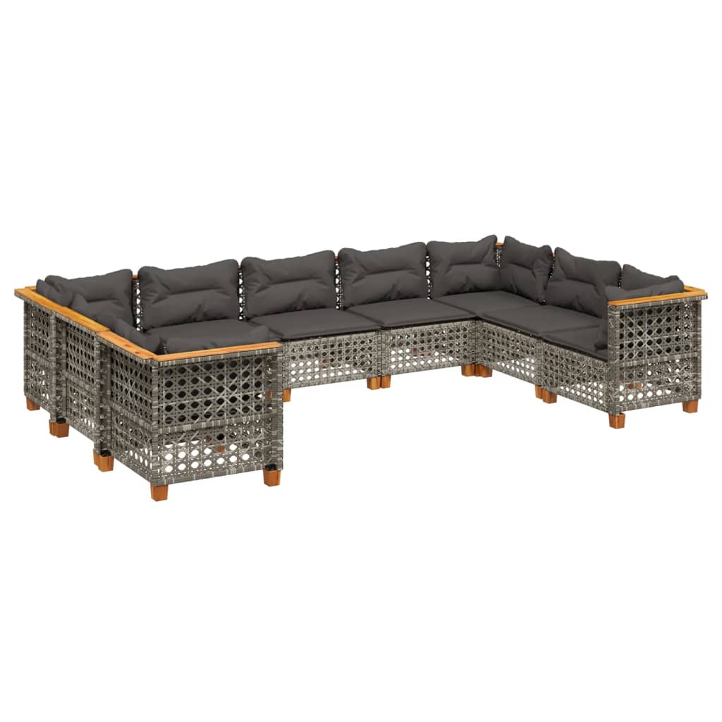 9-tlg. Garten-Sofagarnitur mit Kissen Grau Poly Rattan