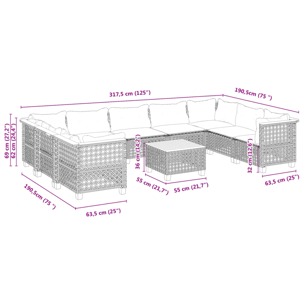 10-tlg. Garten-Sofagarnitur mit Kissen Grau Poly Rattan