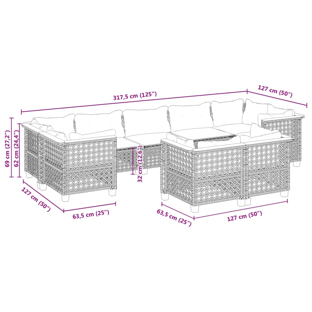 9-tlg. Garten-Sofagarnitur mit Kissen Grau Poly Rattan