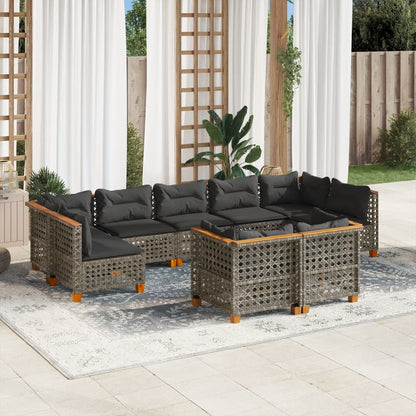 9-tlg. Garten-Sofagarnitur mit Kissen Grau Poly Rattan