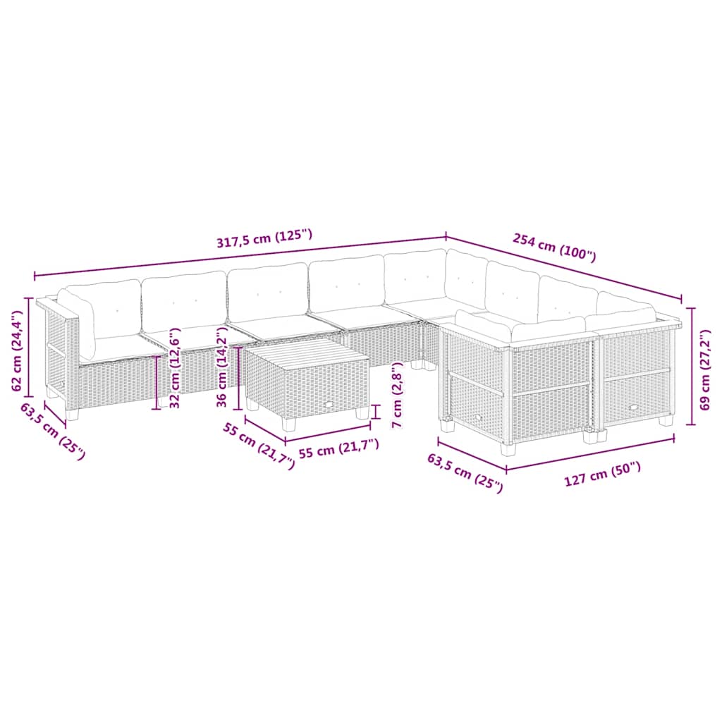 10-tlg. Garten-Sofagarnitur mit Kissen Beige Poly Rattan